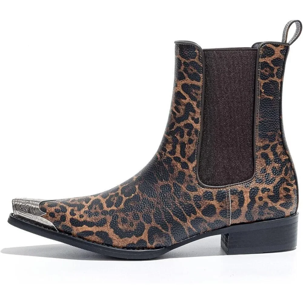 Men’s Brown Chelsea Pointed Metal Toe Leopard Print Ankle Street Style Boots